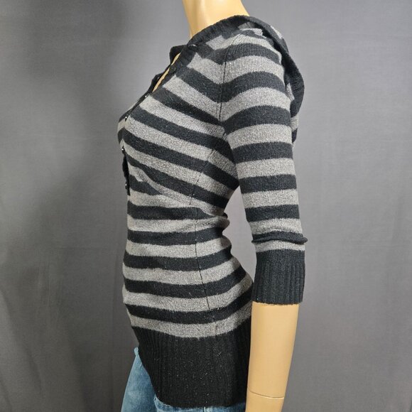 Y2K Striped Hooded Skinny Sweater Size S Emo Grunge Gray Black Long Henley - Picture 4 of 9